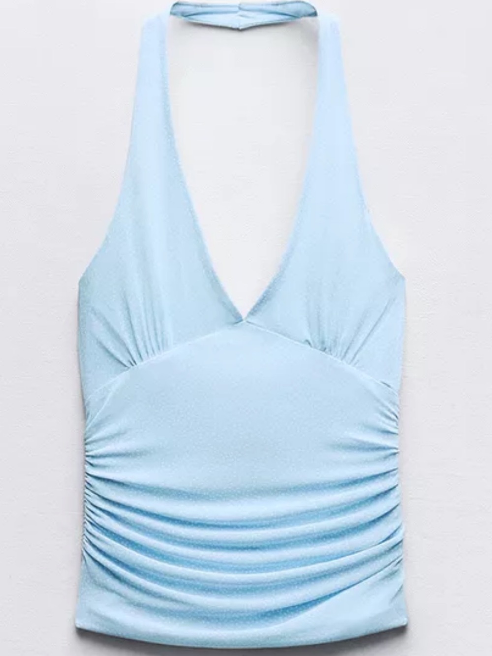 Zara printed tulle top Light Blue white polka dots Halter V-Neck Ruched Tank Top - Picture 2 of 4